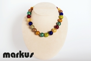 Multicolor glass necklace ,round beads with gold leaf 