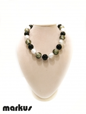 Glass necklace with round beads white  gold black and grey