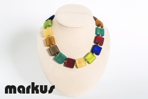 Multicolor frosted glass necklace, square beads with gold leaf
