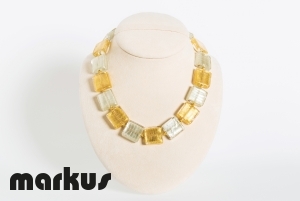 Glass necklace with square beads, white & yellow gold leaf